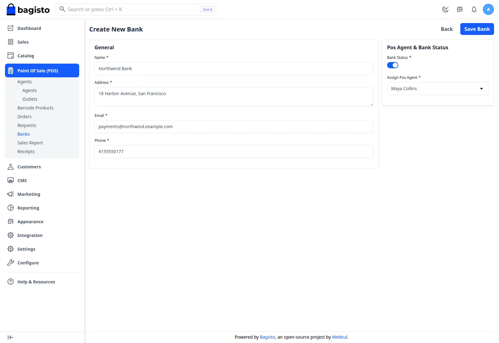 Create New Bank screen