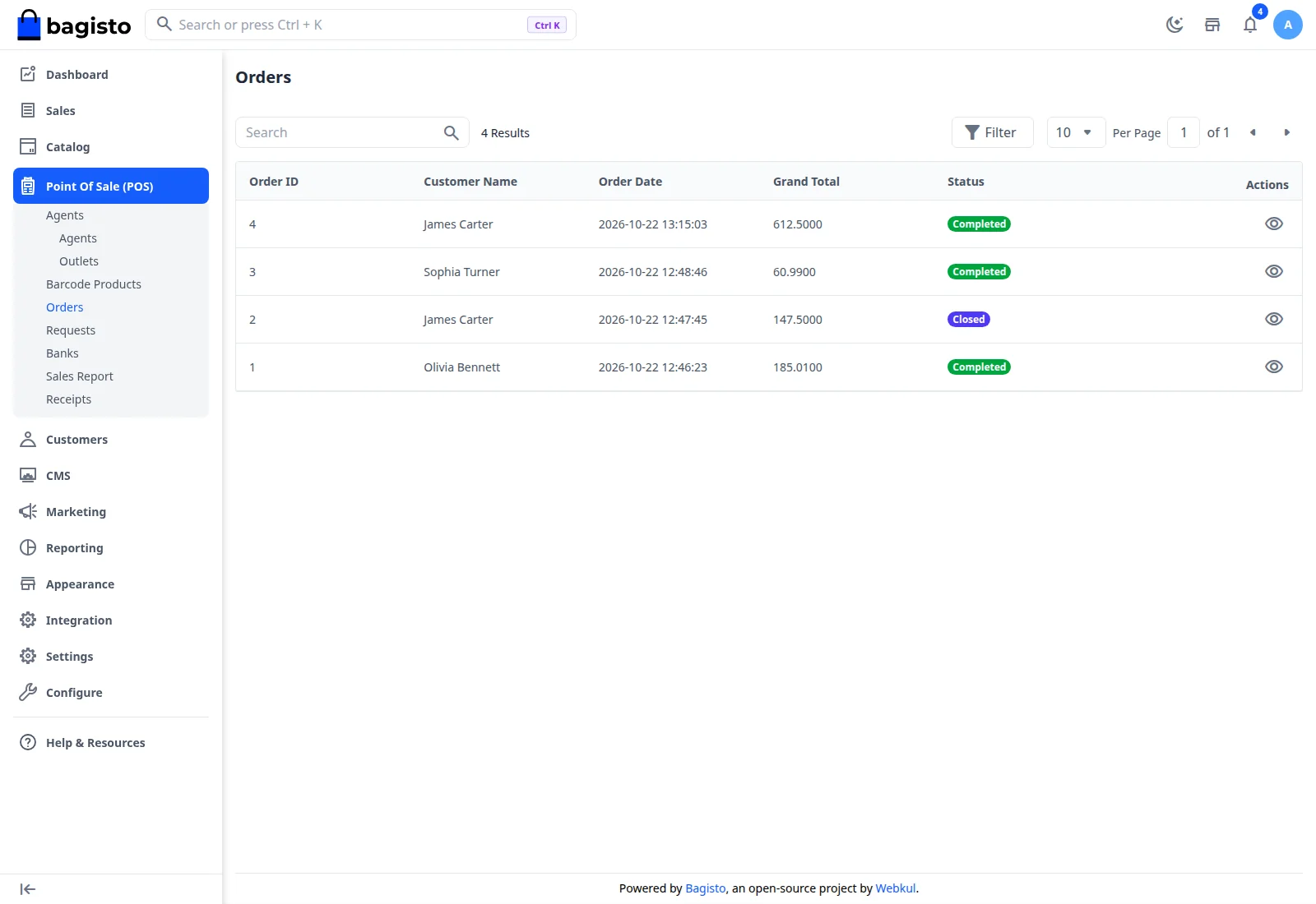 POS Orders list in the admin panel