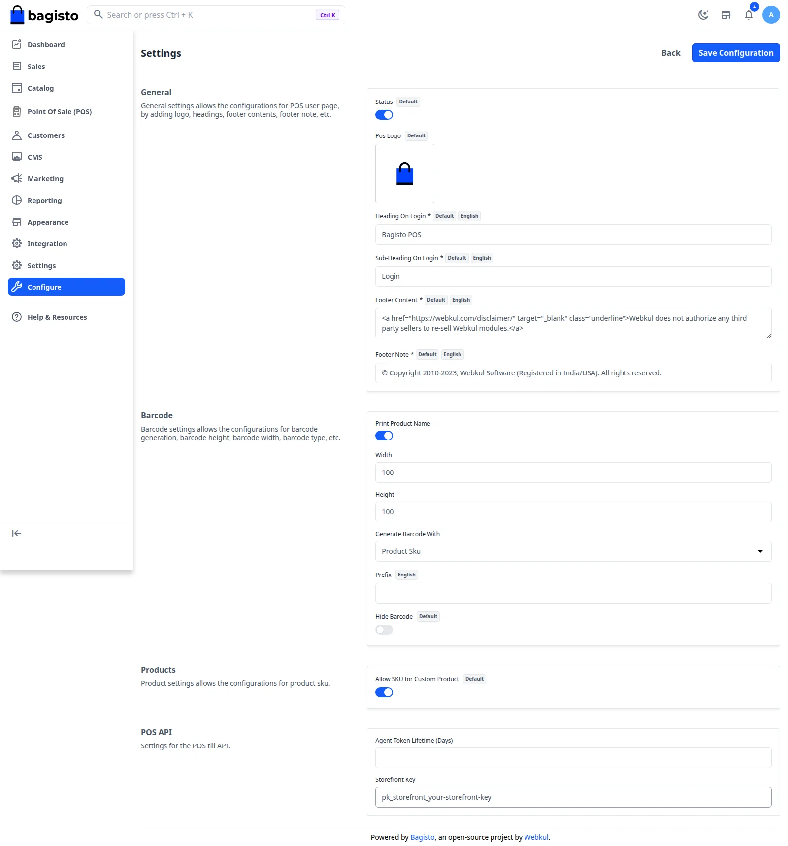 POS Settings configuration page