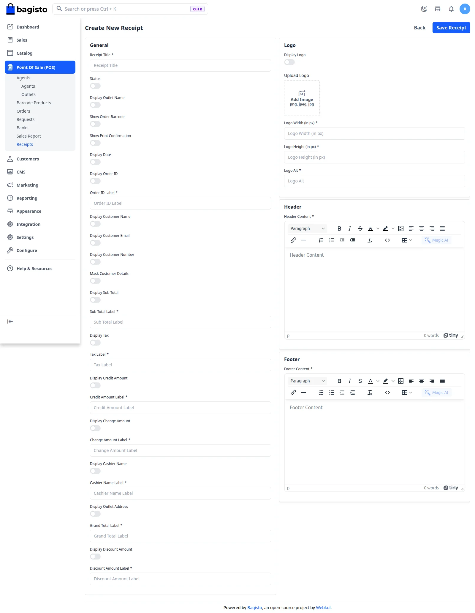 Create New Receipt screen