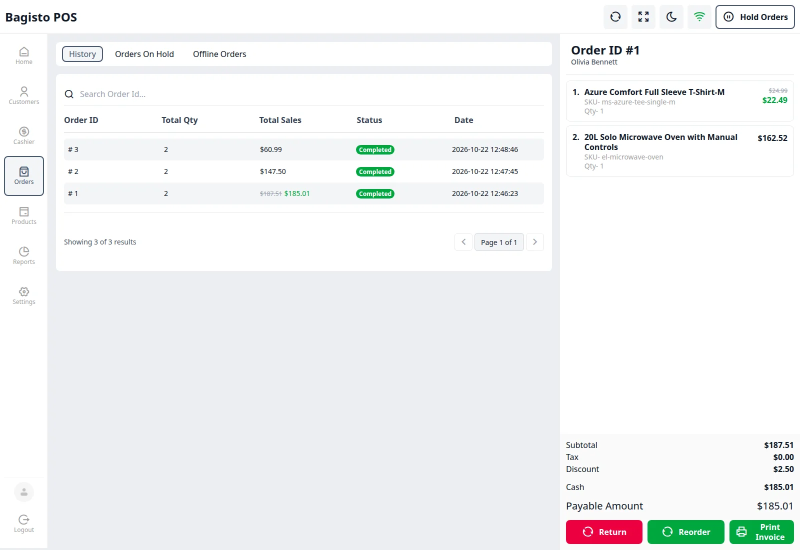 Order details with the Return, Reorder and Print Invoice buttons