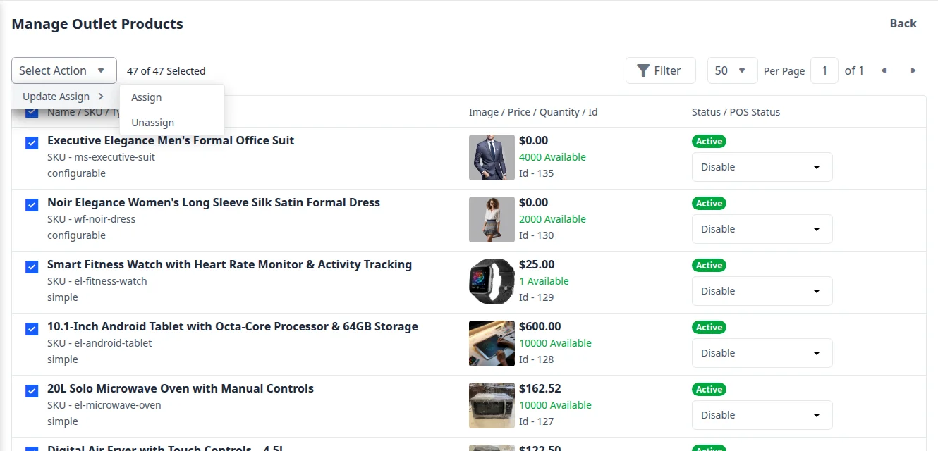 Update Assign mass action on Manage Outlet Products