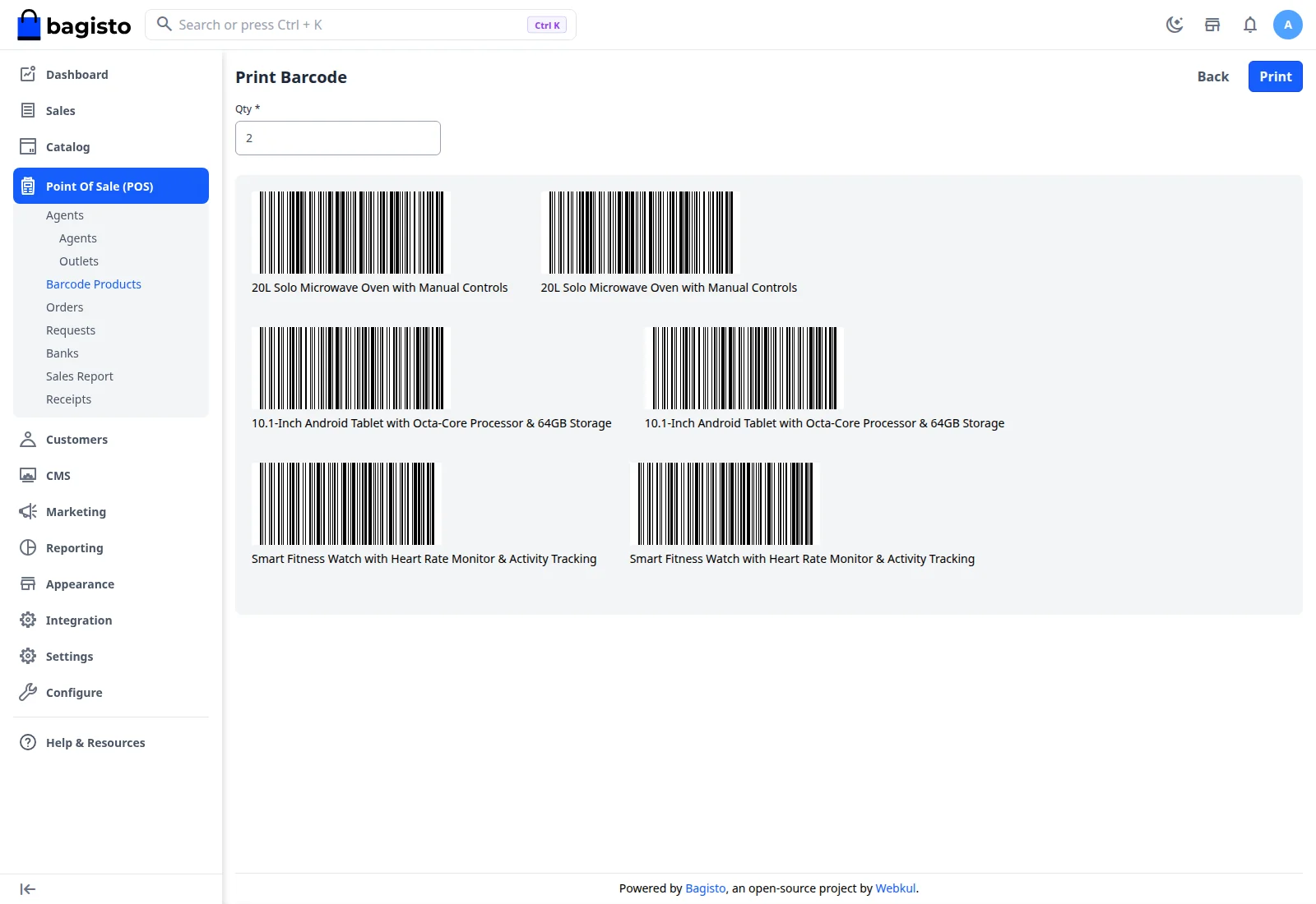 Print Barcode page