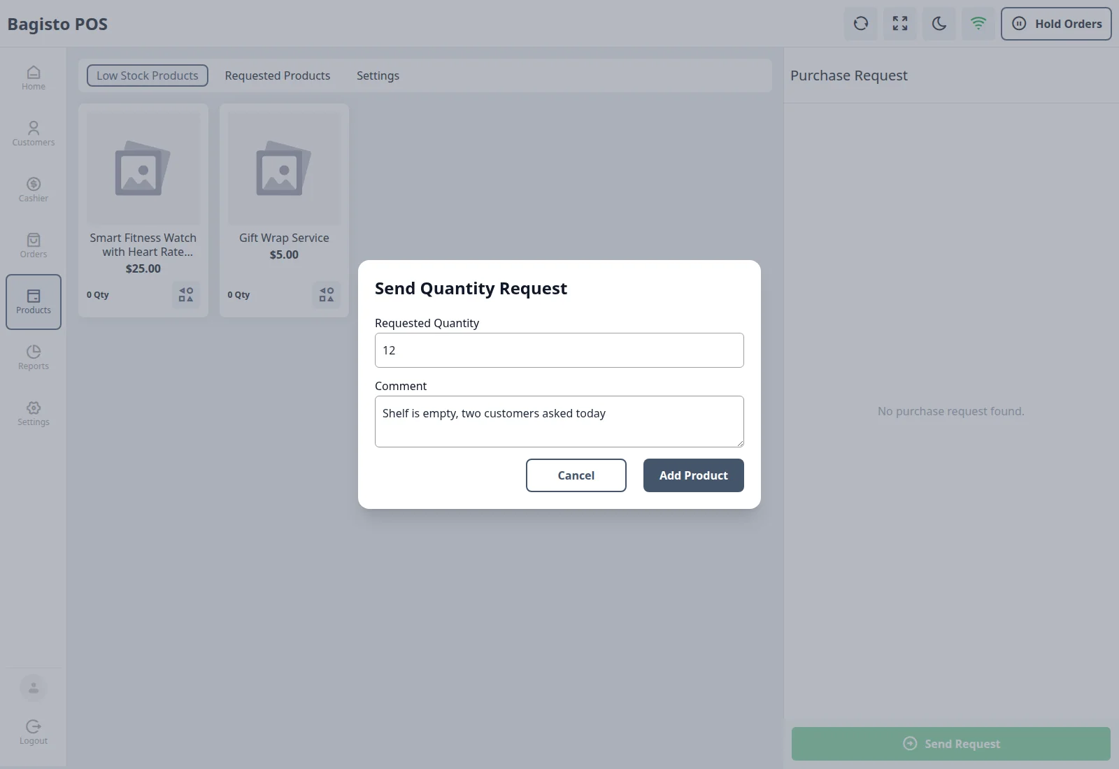 Send Quantity Request pop-up
