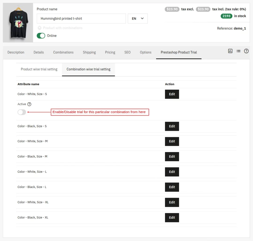 Enable or Disable trial for a particular combination
