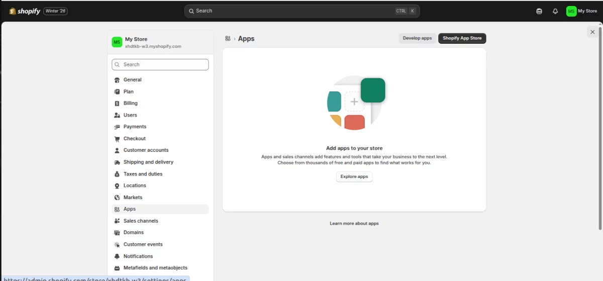 Shopify admin dashboard home screen