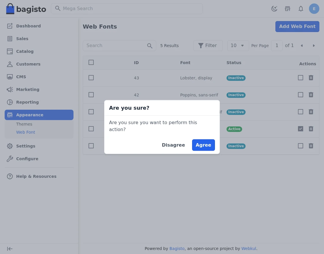 Bagisto Google Web Fonts module confirmation dialog before activating a font