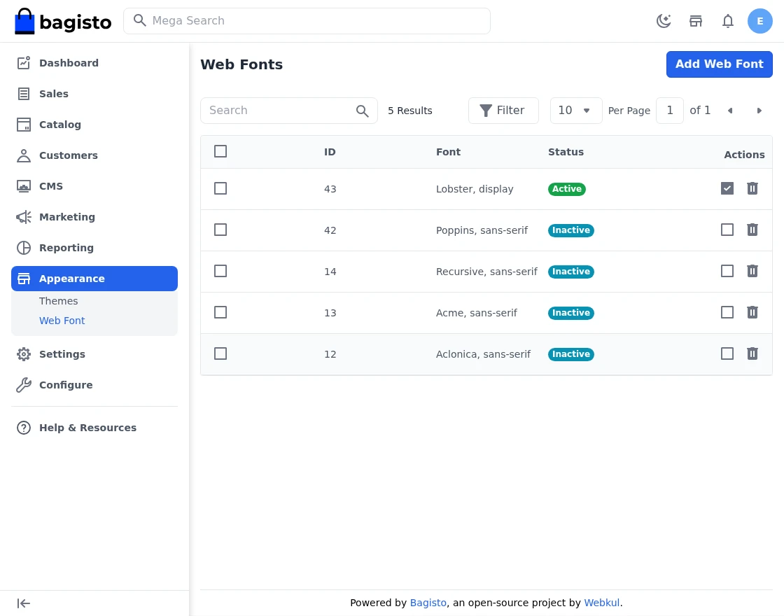 Bagisto Google Web Fonts module list showing the activated font
