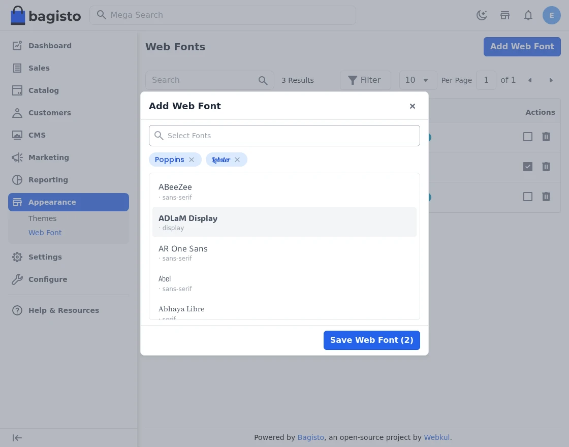 Bagisto Google Web Fonts module confirmation dialog before activating a font