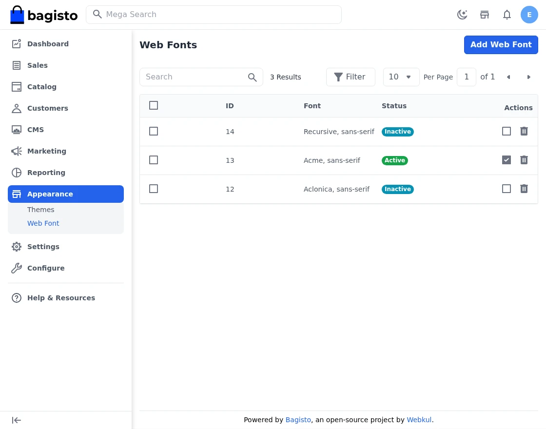 Bagisto Google Web Fonts module list of saved fonts under Appearance Web Font