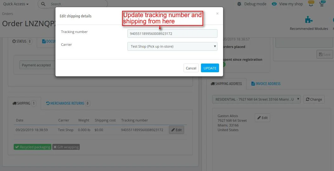 update tracking number