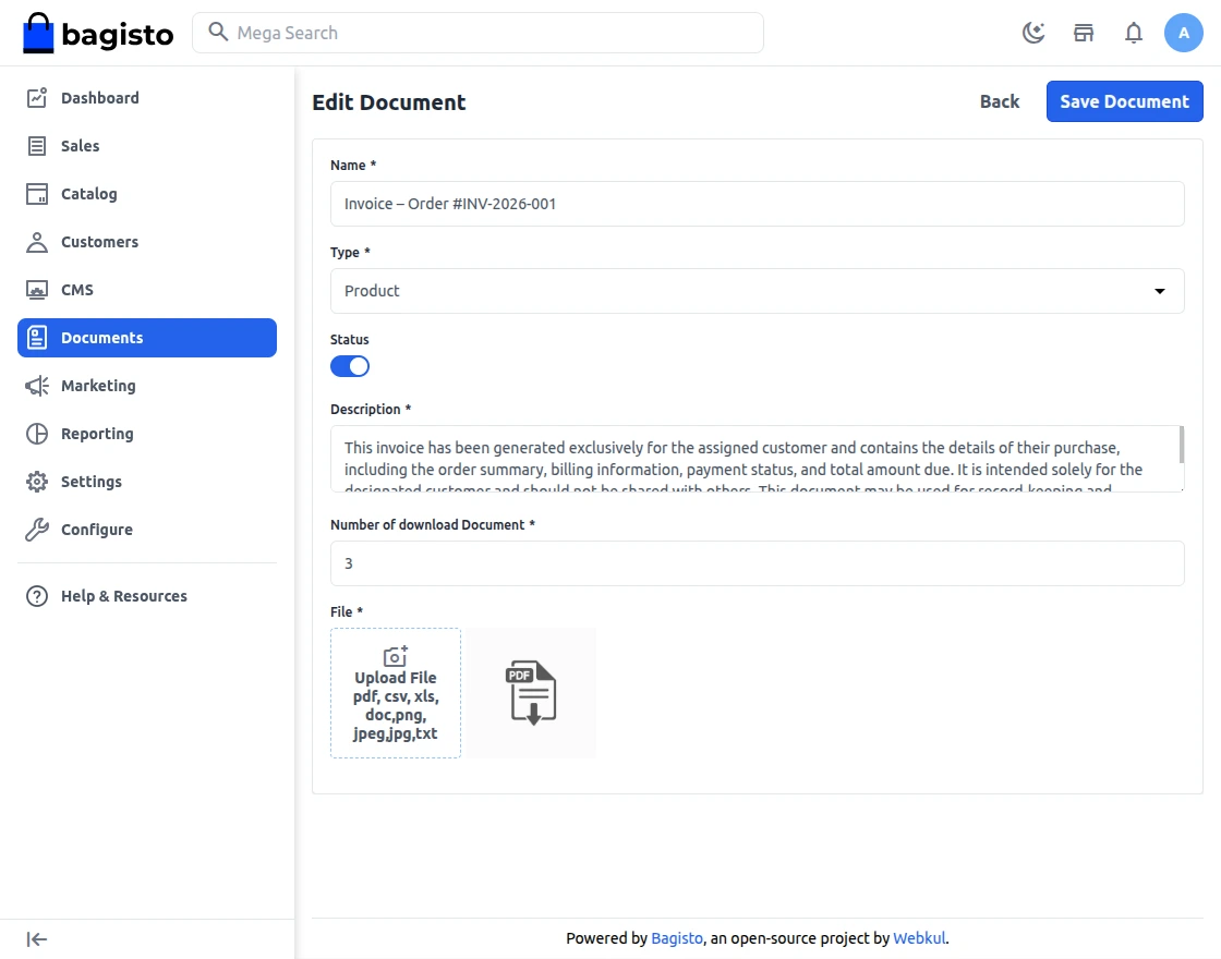 customer document edit list 