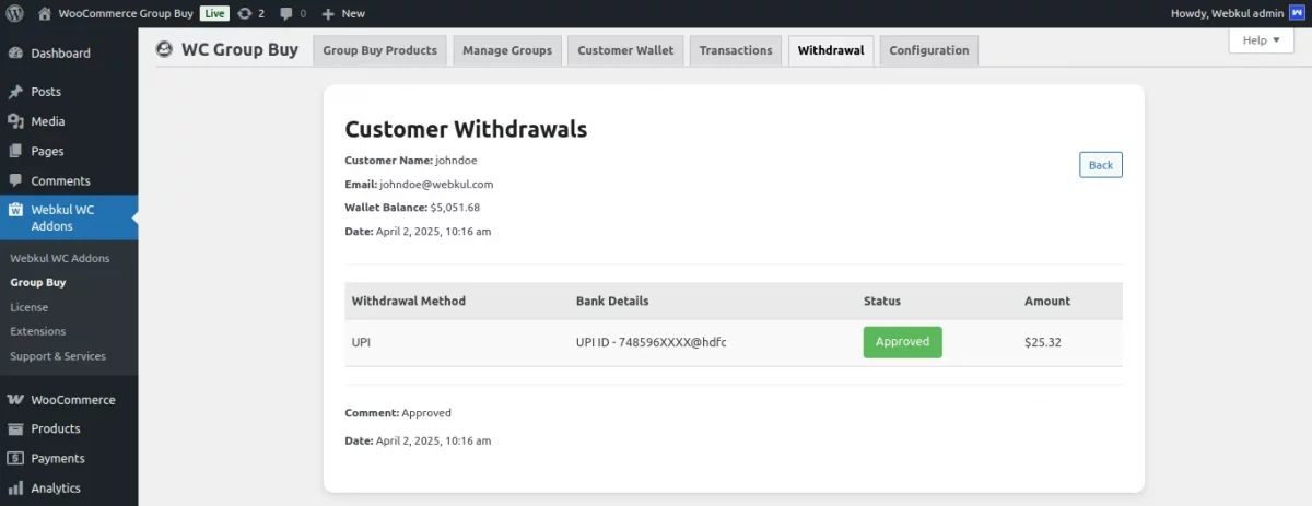 customer withdrawal details