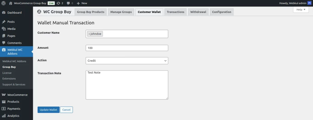 wallet manual transaction