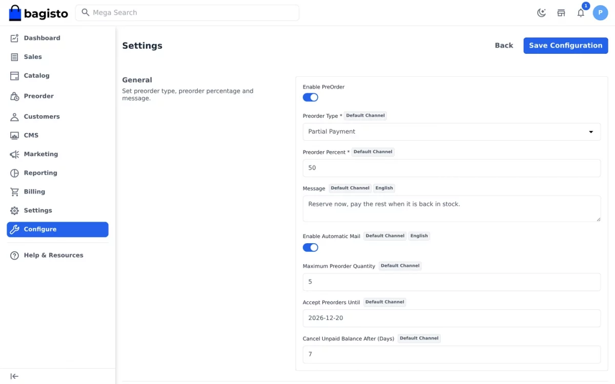 Laravel eCommerce PreOrder SaaS module tenant admin configuration showing preorder type, percent and limits