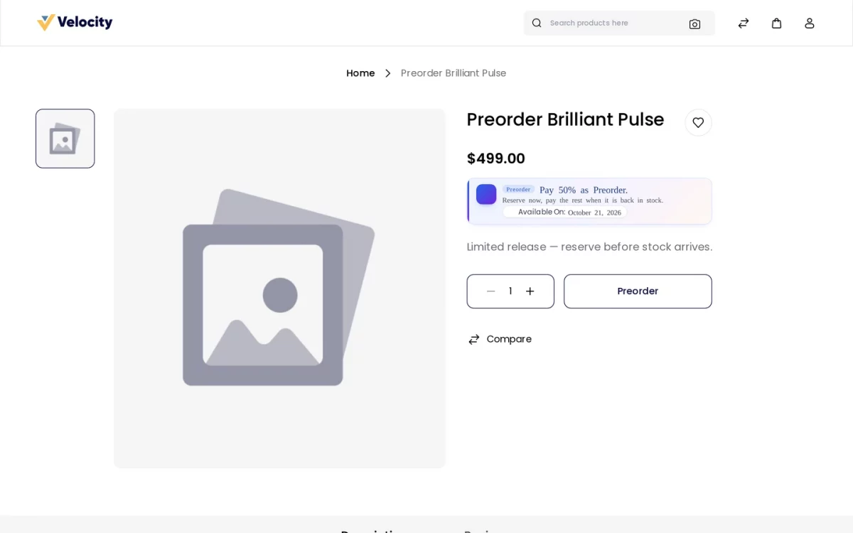 Laravel eCommerce PreOrder SaaS module storefront product page showing the Preorder button and preorder information box