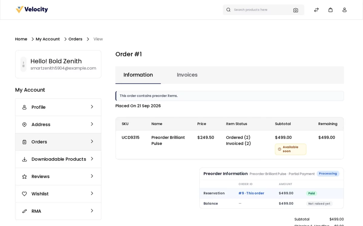 Laravel eCommerce PreOrder SaaS module customer order view showing the Preorder Information panel and remaining amount