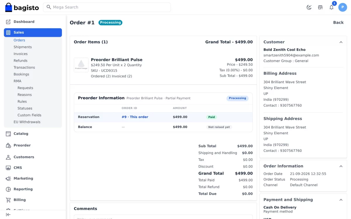 Laravel eCommerce PreOrder SaaS module admin order view showing the injected preorder panel with reservation and balance rows