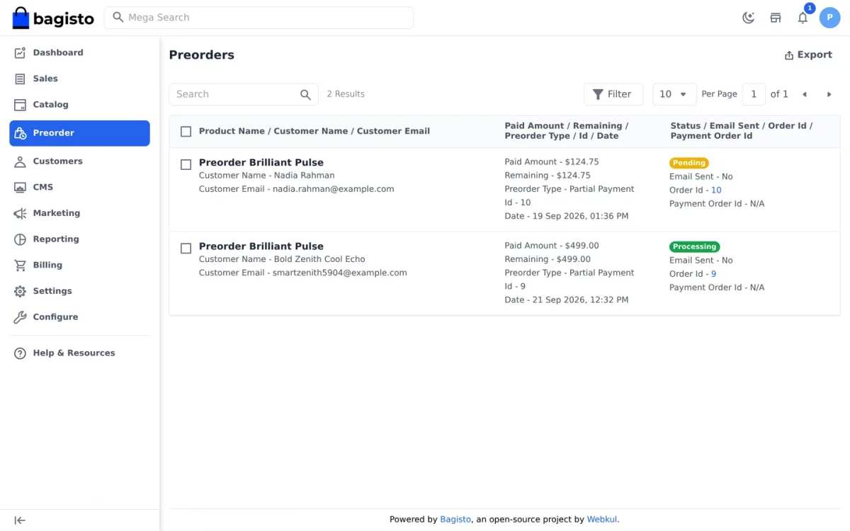 Laravel eCommerce PreOrder SaaS module admin preorder datagrid listing reservations with status and amounts