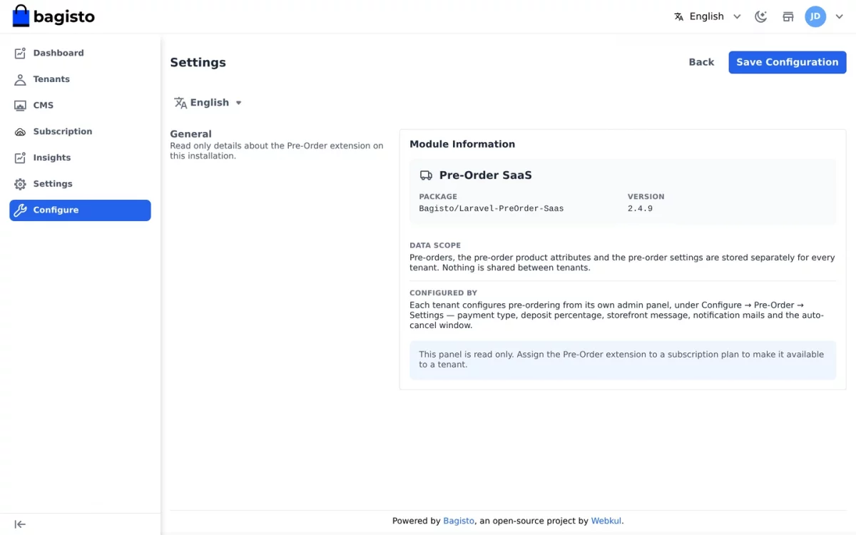 Laravel eCommerce PreOrder SaaS module super admin panel showing package, version and tenant data scope