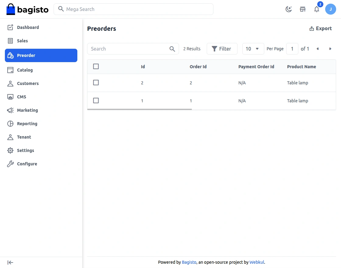 Multi-Tenant PreOrder admin listing