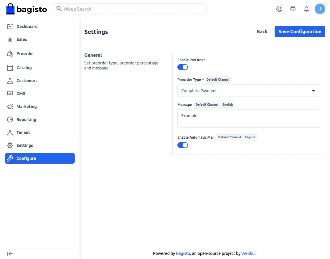 Multi-Tenant PreOrder configuration
