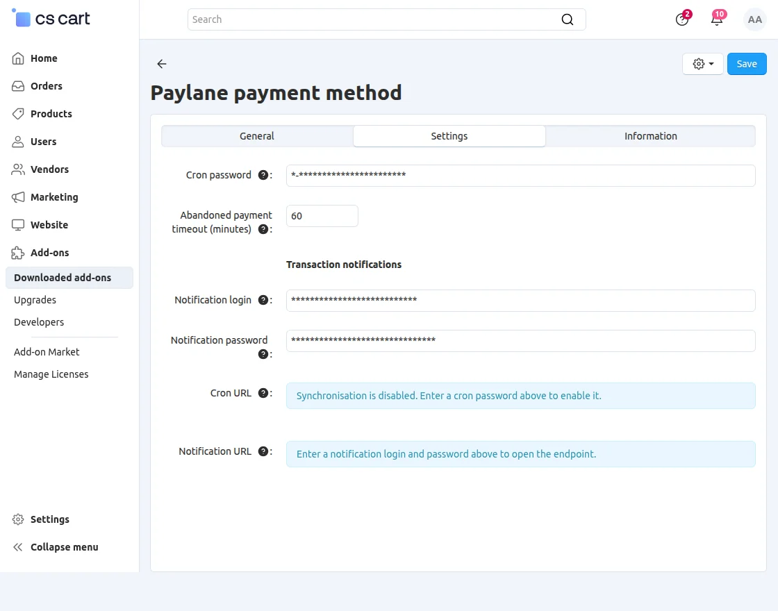 paylane add on settings