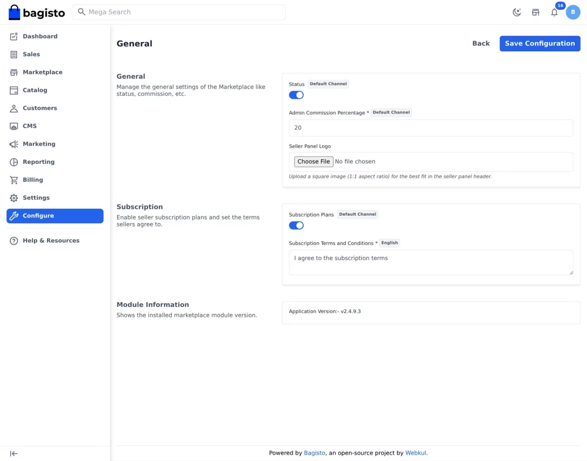 Bagisto SaaS Multivendor module marketplace configuration page in the tenant admin panel