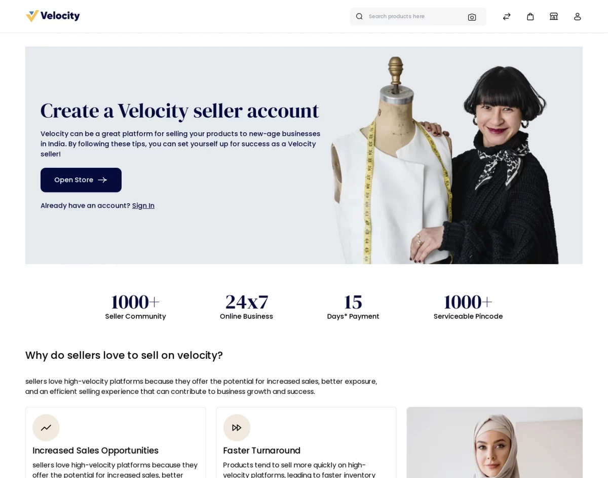 Bagisto SaaS Multivendor module marketplace landing page inviting sellers to open a store