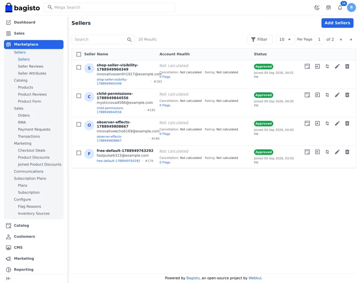 Bagisto SaaS Multivendor module tenant admin sellers list with approval and commission columns