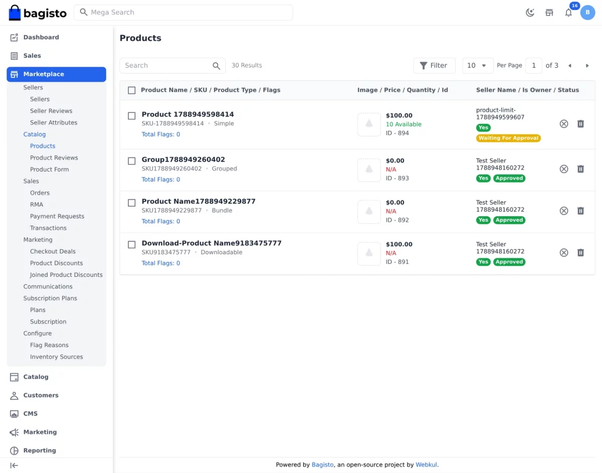 Bagisto SaaS Multivendor module tenant admin marketplace product list with seller and approval status