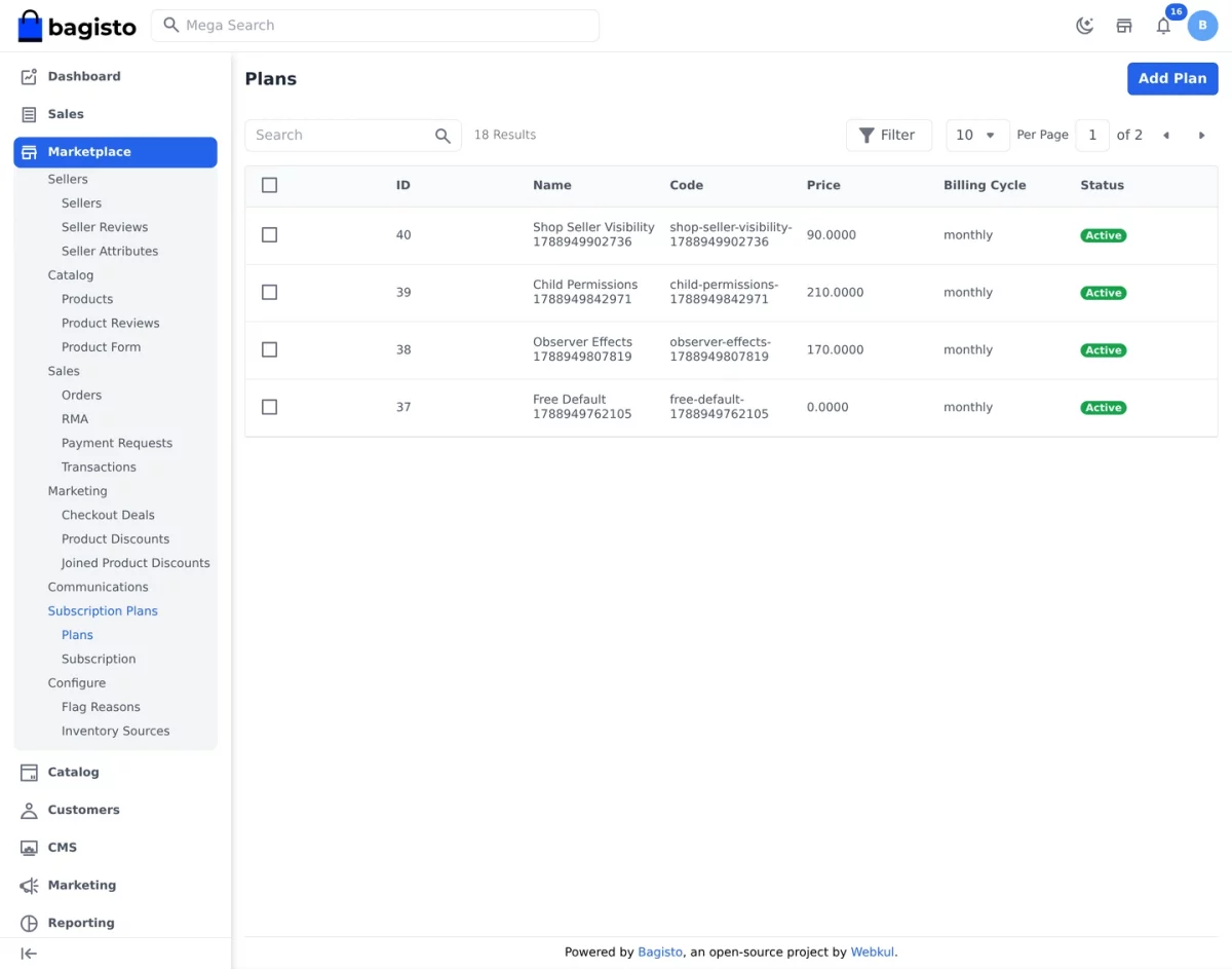 Bagisto SaaS Multivendor module tenant admin seller subscription plans list