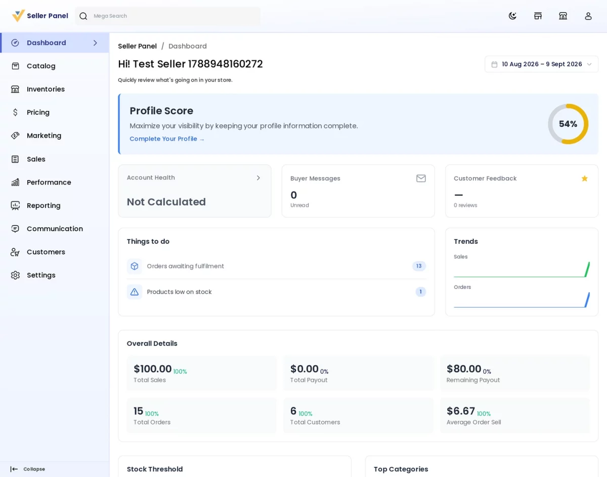 Bagisto SaaS Multivendor module seller dashboard showing sales payout and order figures