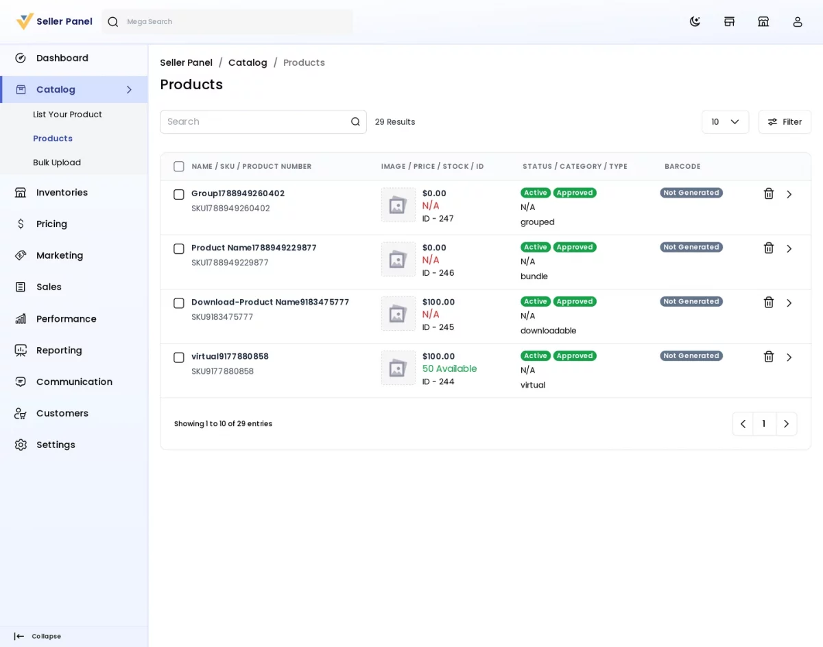 Bagisto SaaS Multivendor module seller product list with approval status