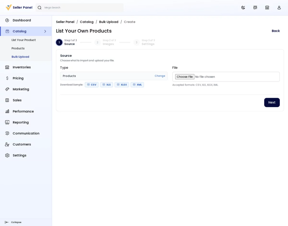 Bagisto SaaS Multivendor module seller bulk upload wizard with file upload step