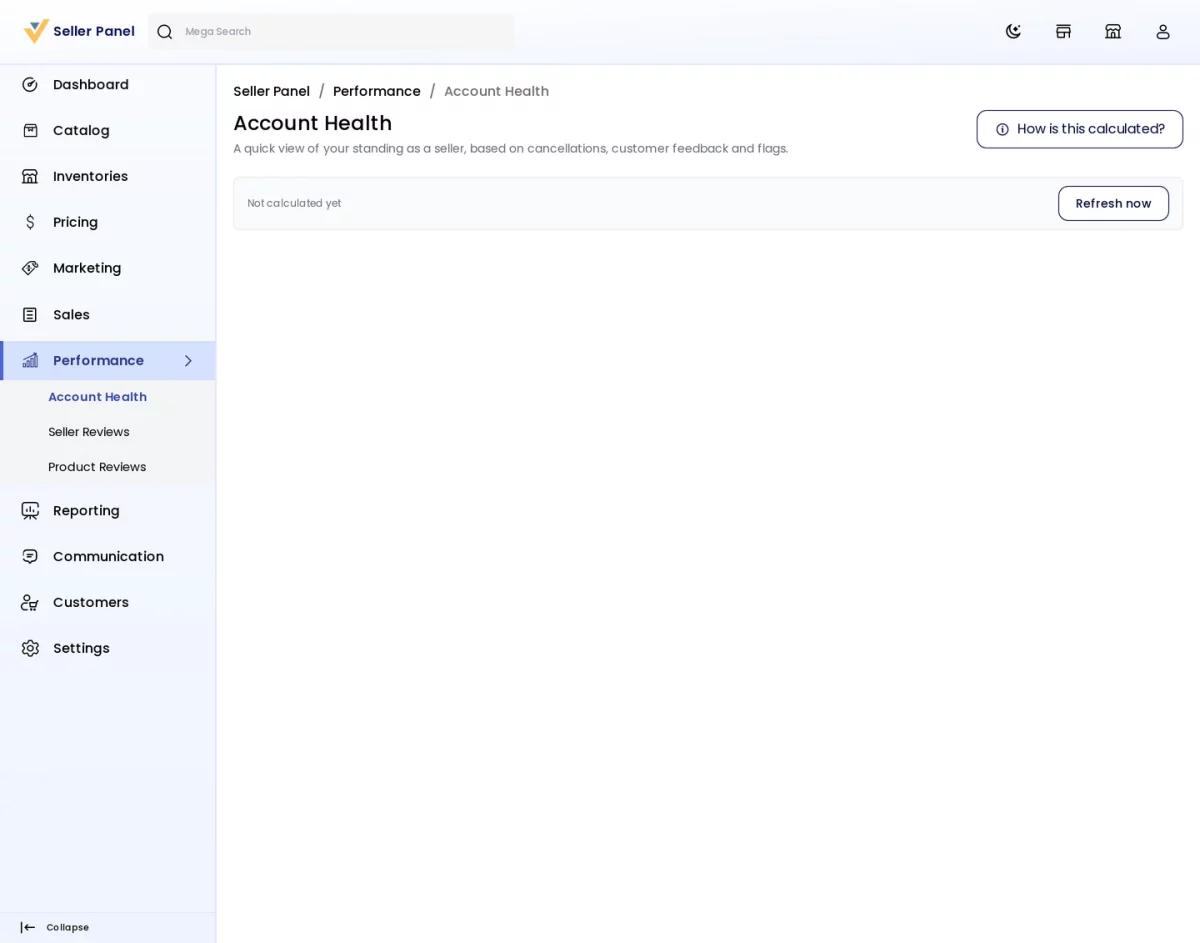 Bagisto SaaS Multivendor module seller account health page with performance metrics