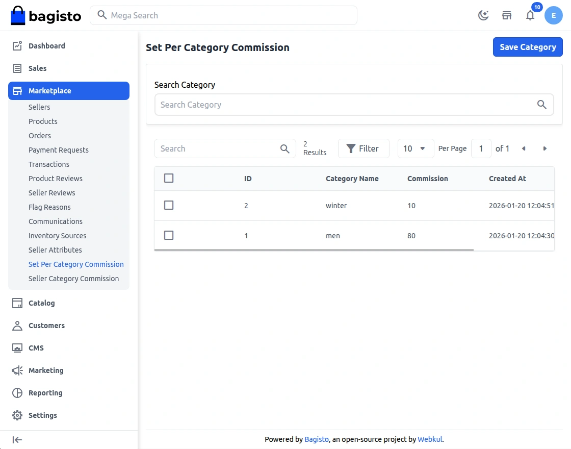 Set Per Category Commission