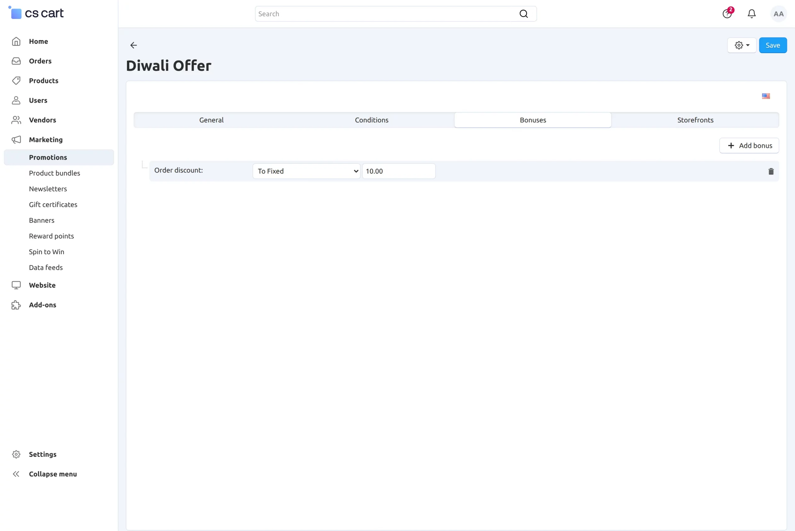 CS-Cart add bonus for the promotions
