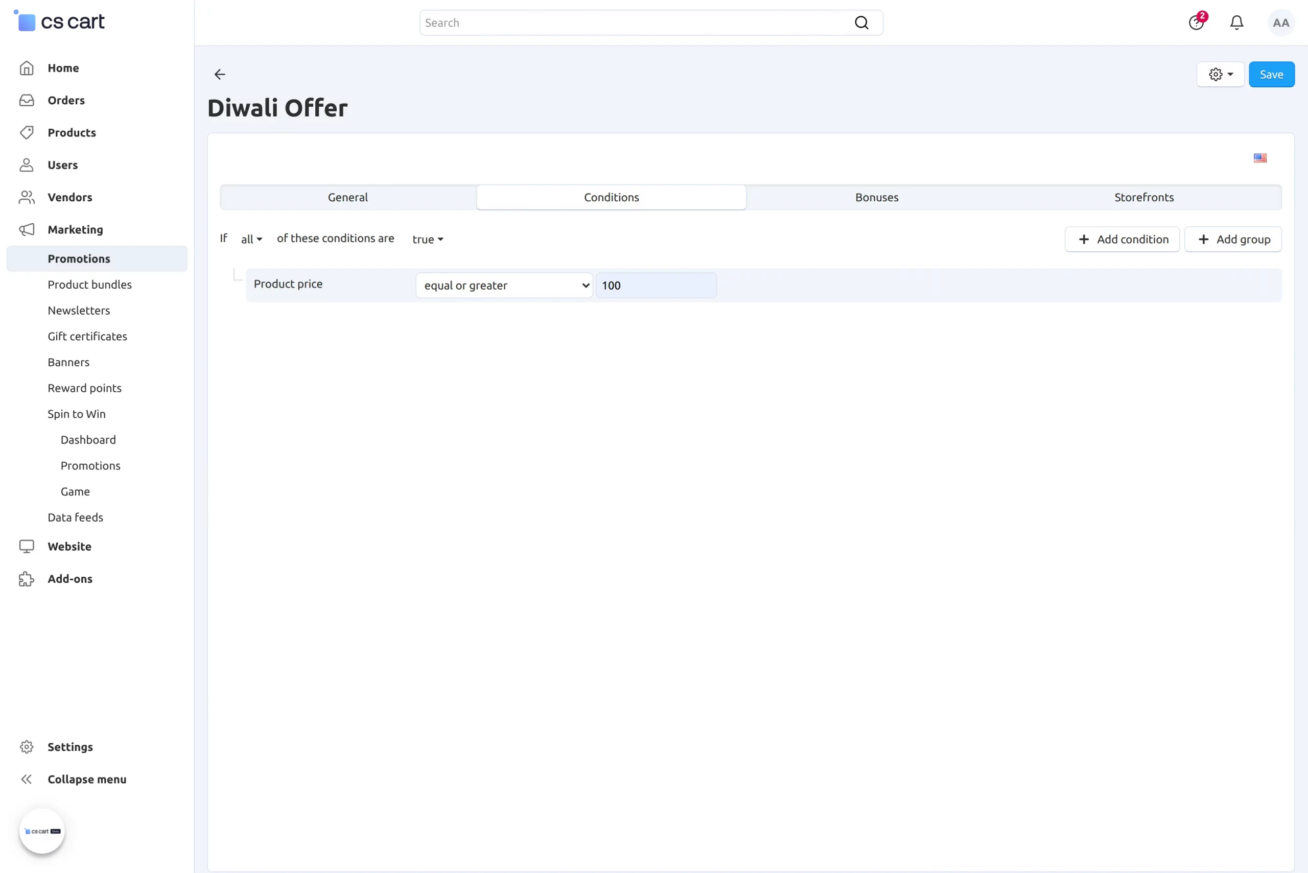 CS-Cart add conditions for promotions
