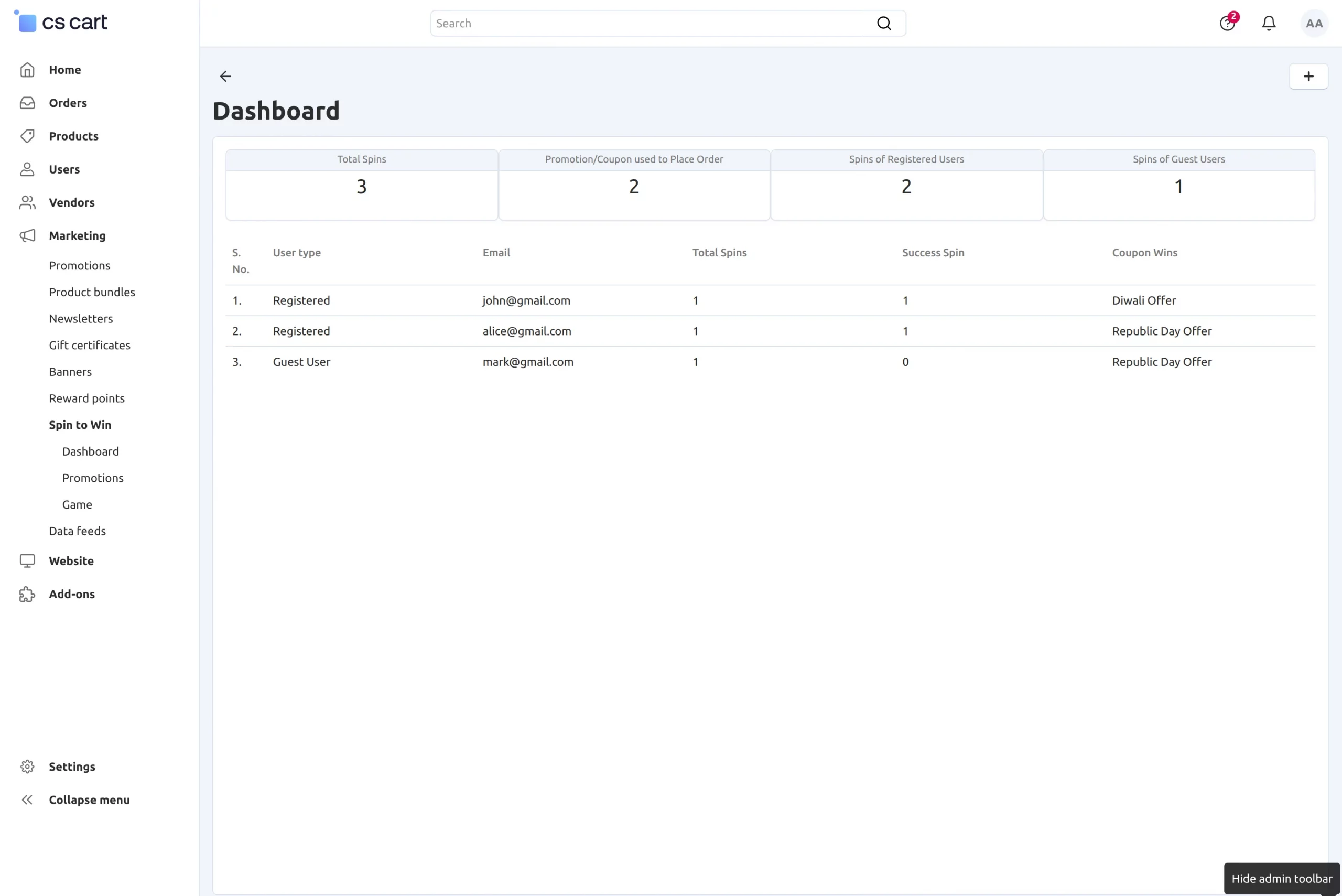CS-Cart Spin to win dashboard