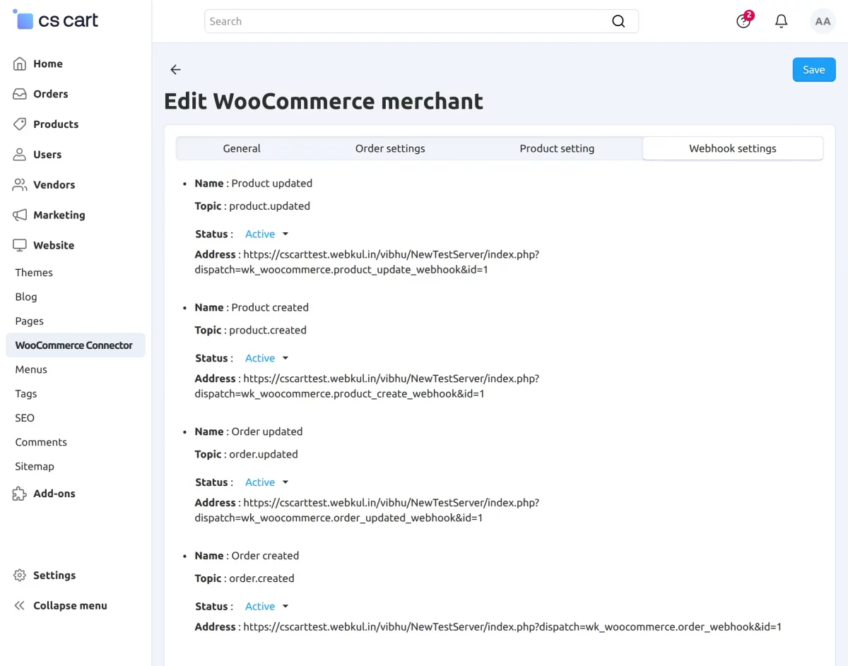 webhook settings