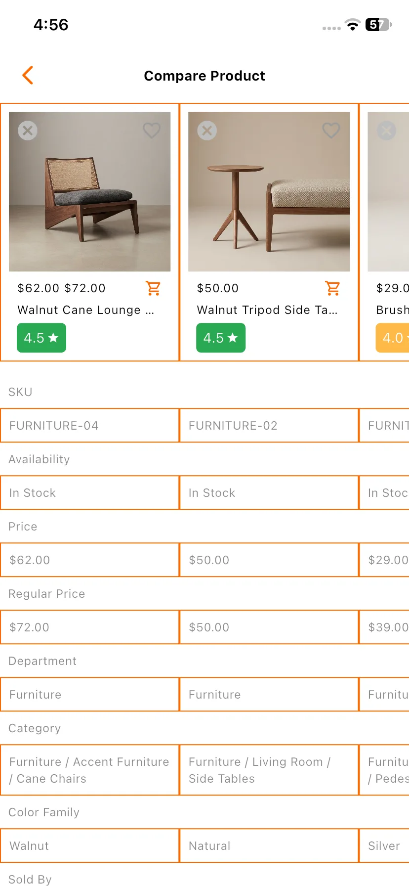 Compare product screen