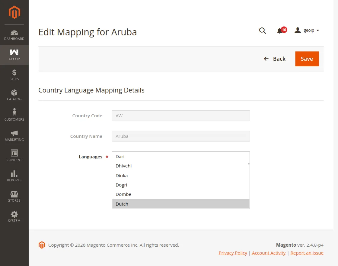 Magento 2 IP Geolocation Extension edit language mapping