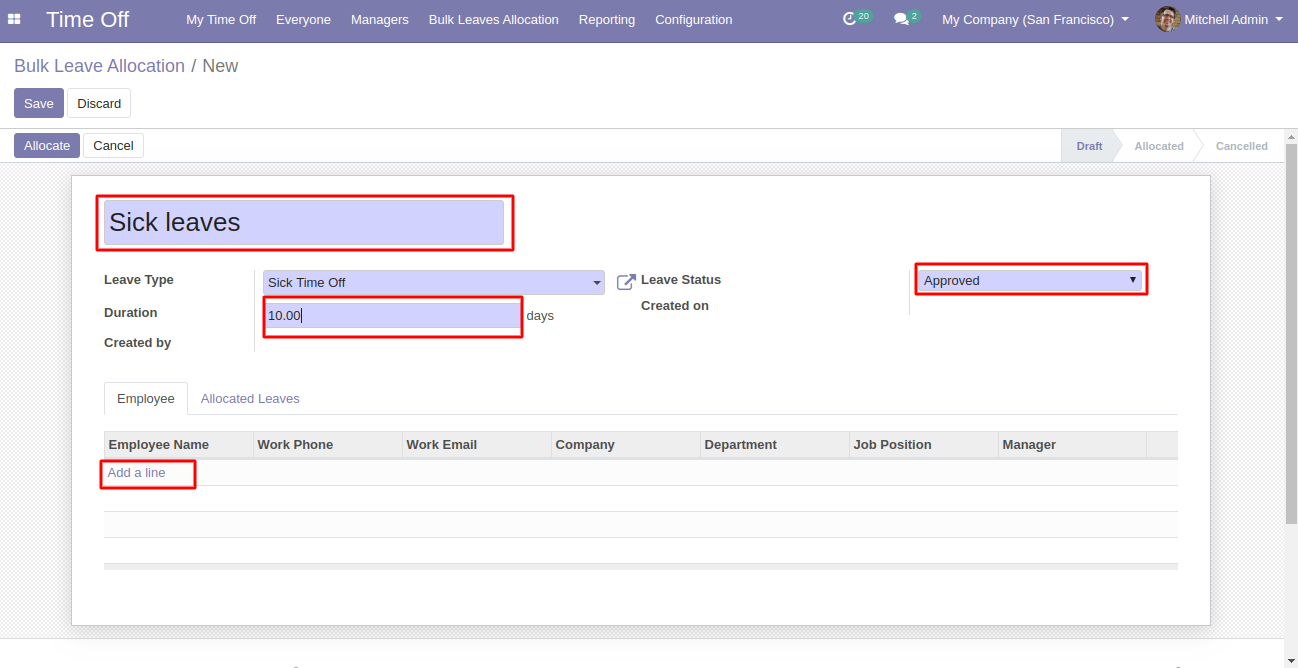 Leave Allocation Odoo employee bulk leave allocation| leave management