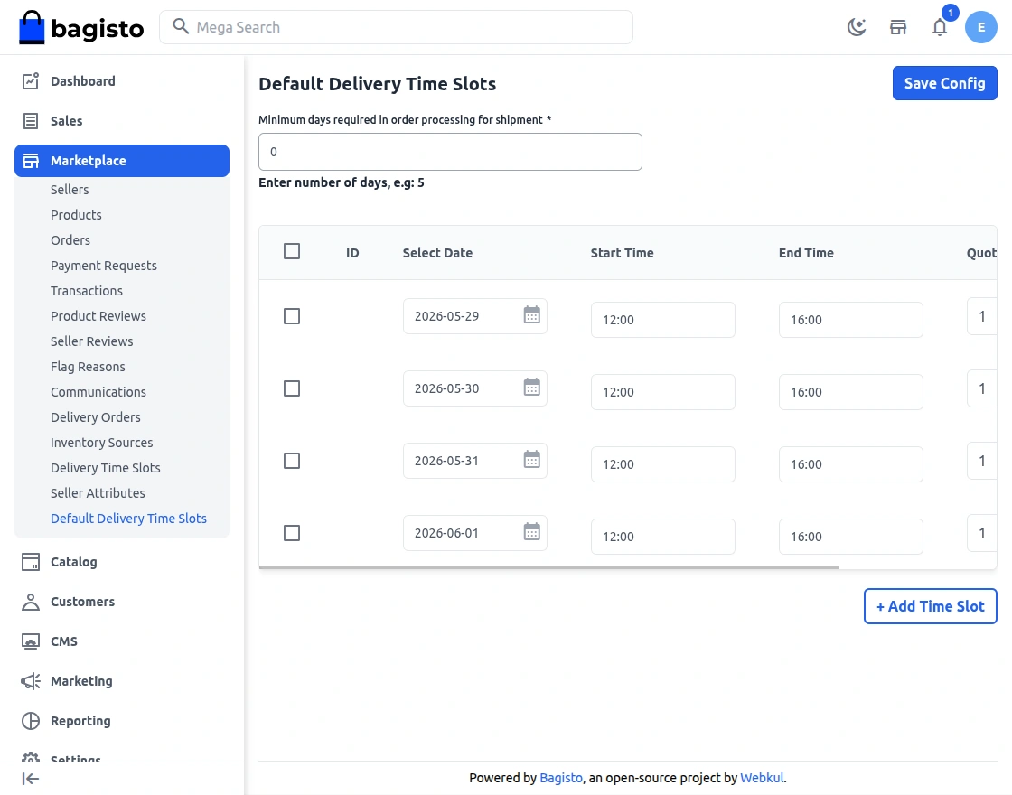 default delivery time slot