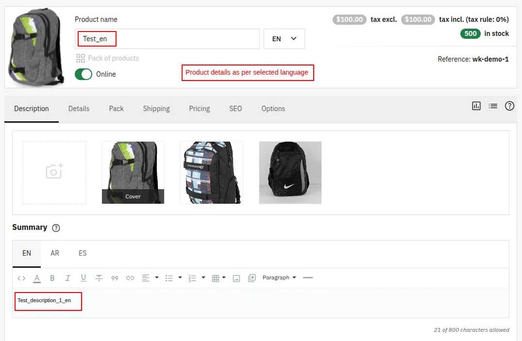 Multi-lang Pack Product added via CSV