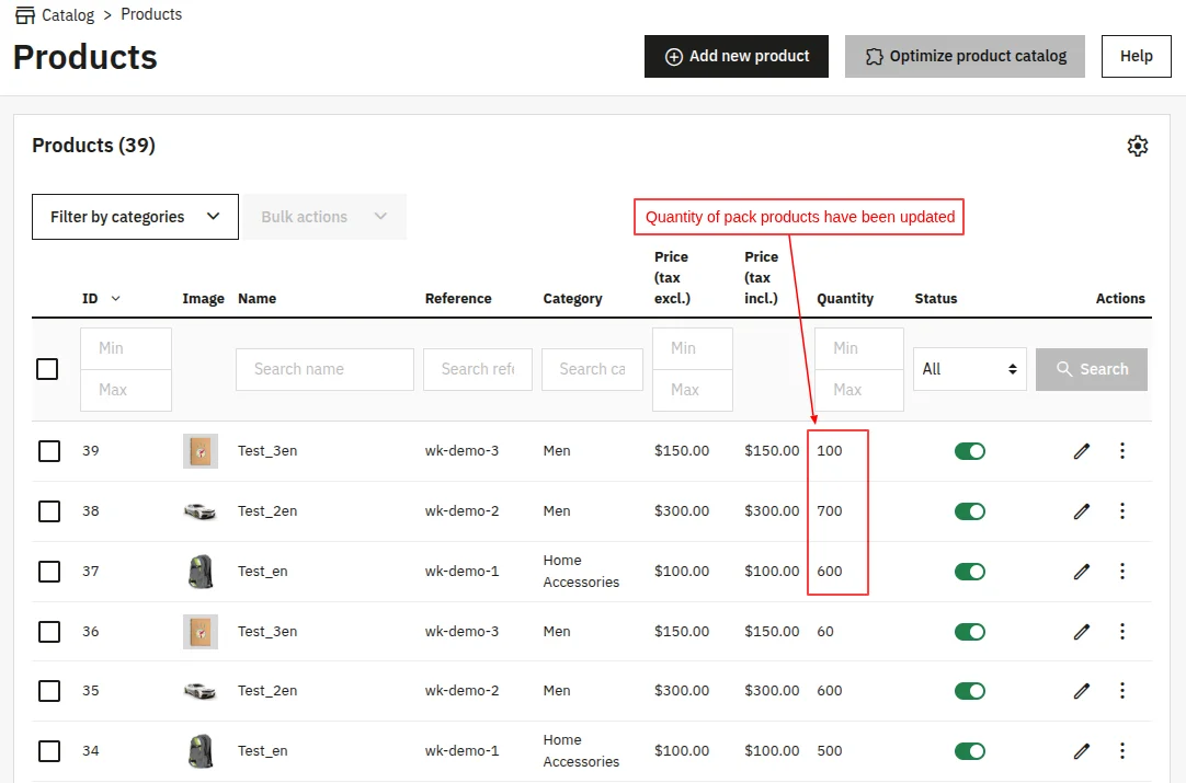 Pack Products updated using CSV file