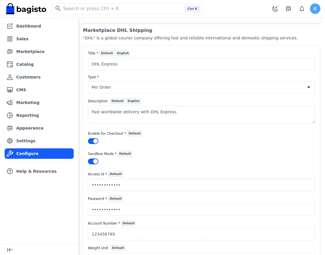 laravel-marketplace-dhl-shipping-admin-configuration