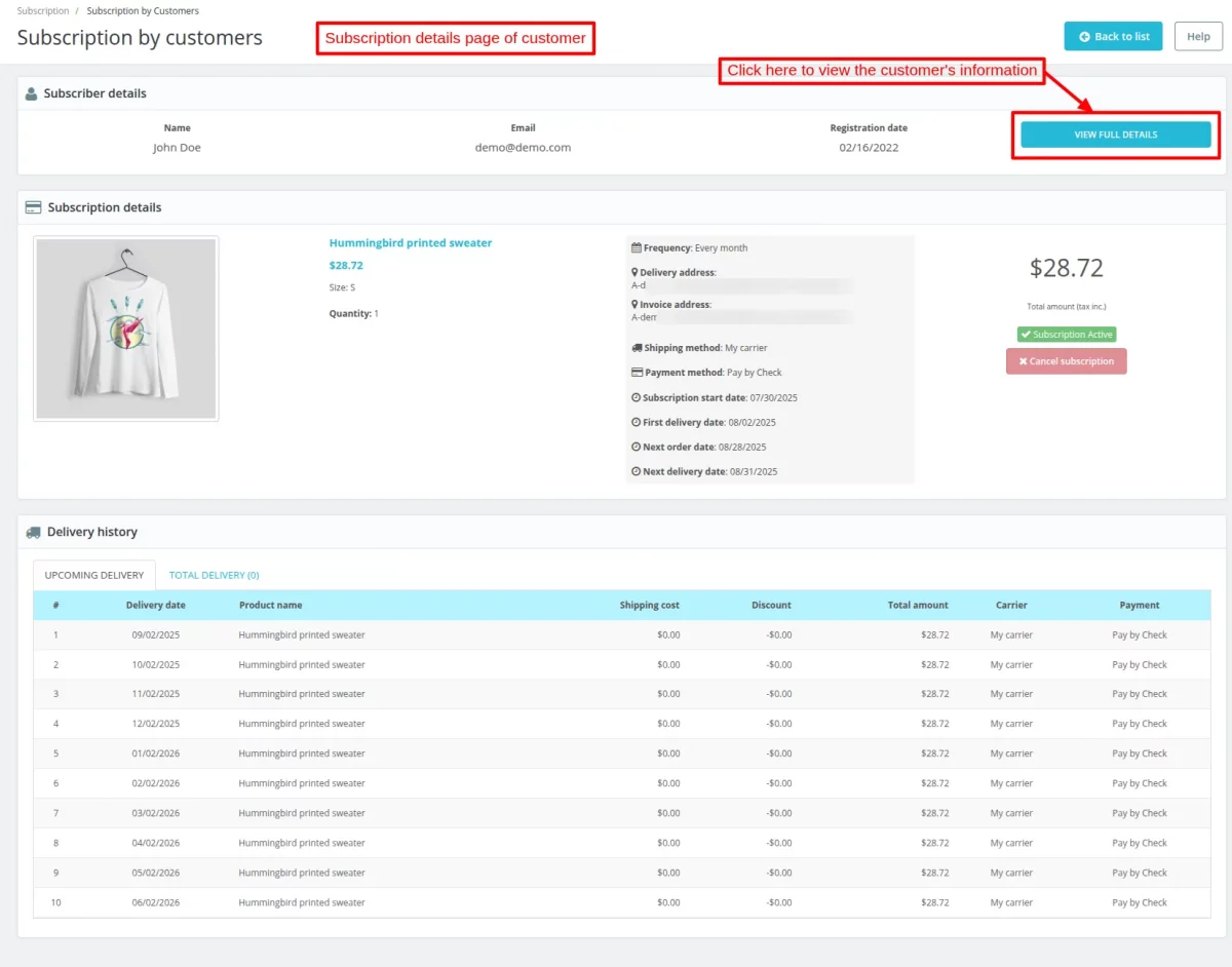subscription details of customer