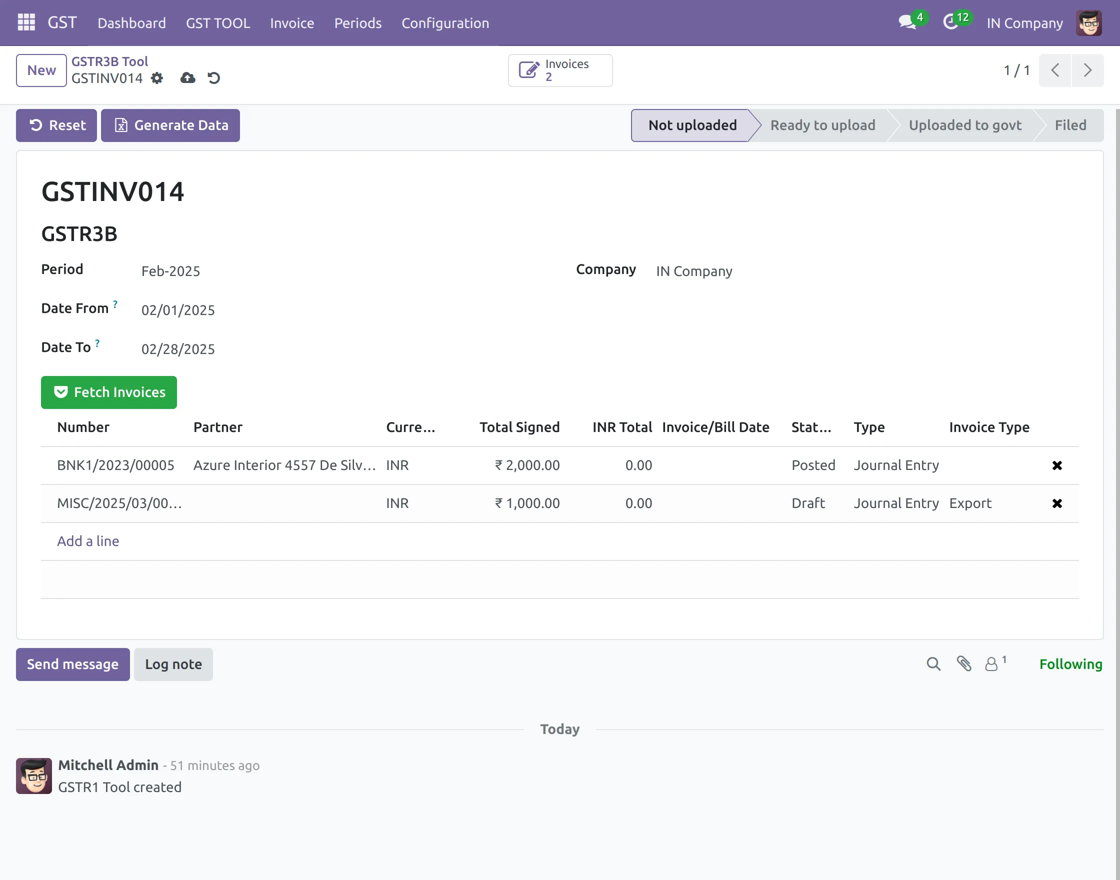 Generate Data button in Odoo GSTR3B - Returns and Invoices